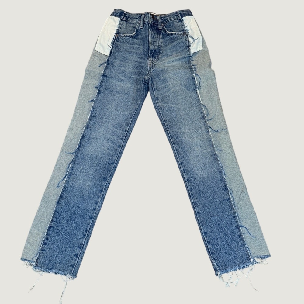 Zara Patchwork Straight Leg Jeans Womens 2 Blue Raw Hem Colorblock festival
